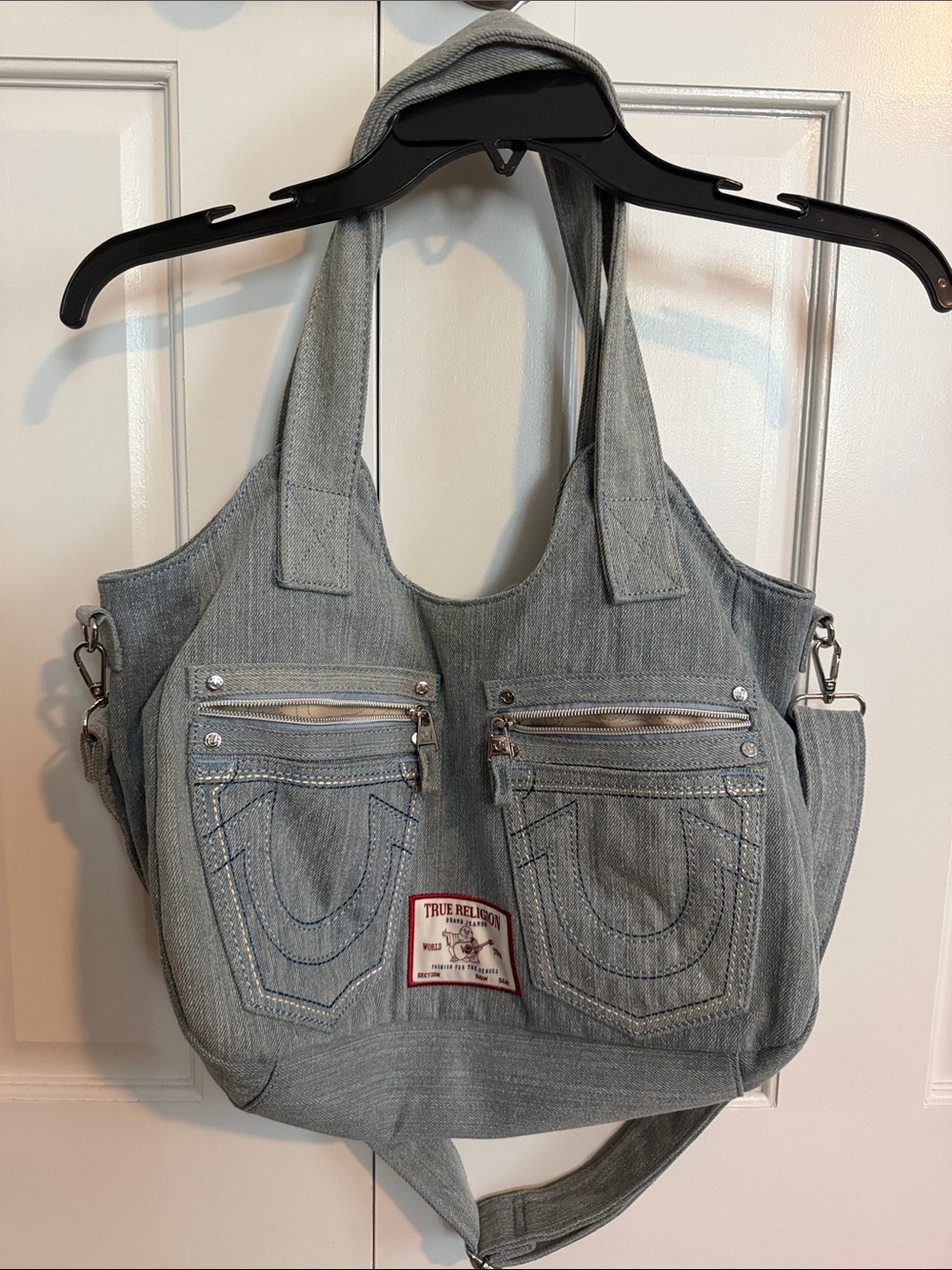 True Religion Denim Shoulder Tote with Front Zip Pockets